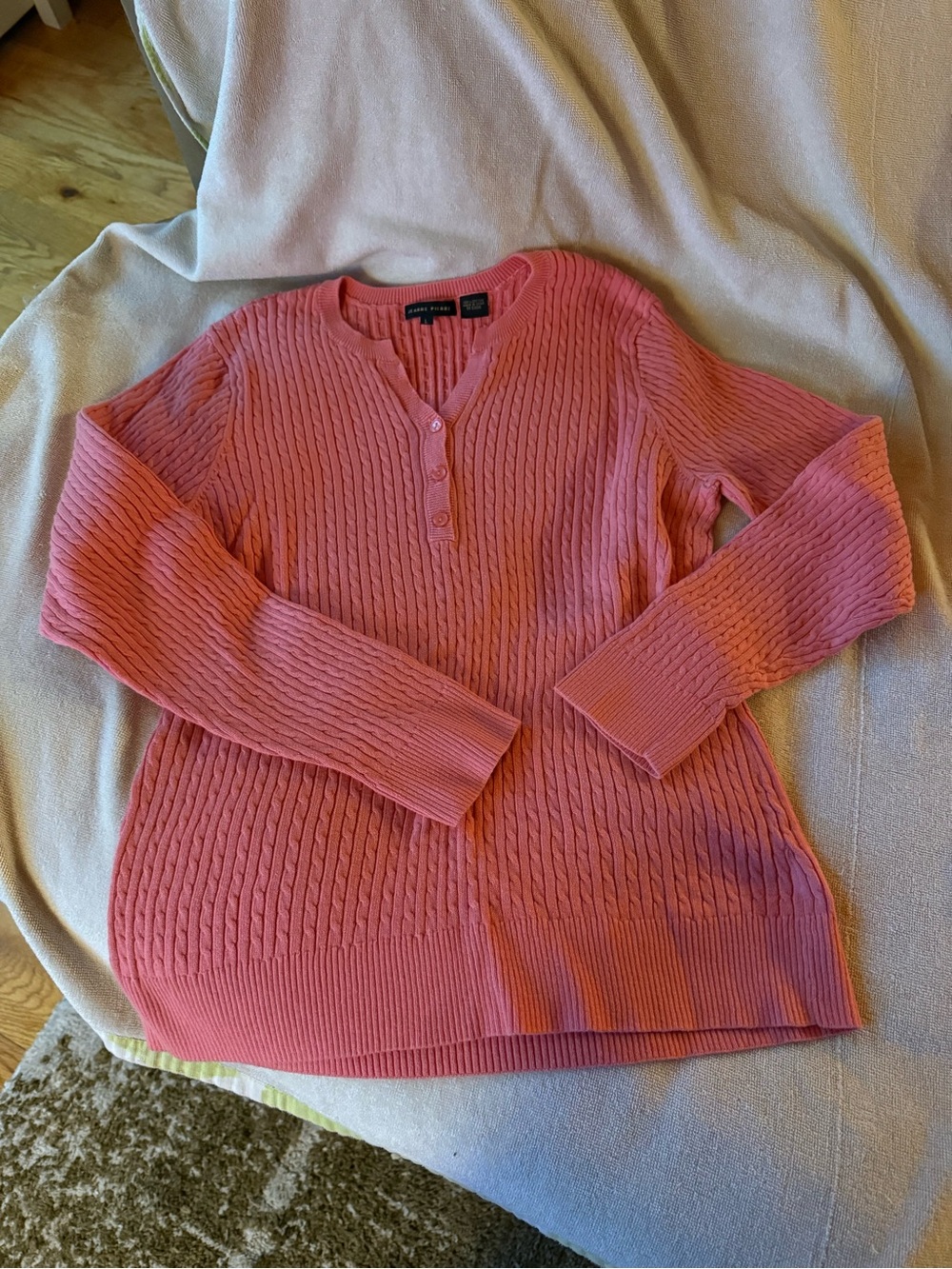 JEANNE PIERRE Coral-Pink Cable Knit Henley Sweater